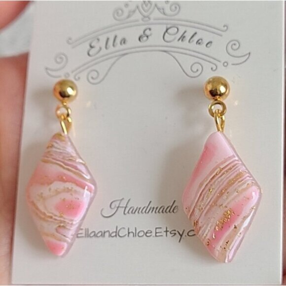 Boho Gold Ball Resin Pink Agate Gemstone Inspired Diamond Drop Dangle Earrings - Picture 2 of 6